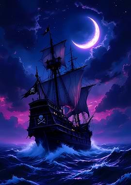 Pirate Ship Sailing Under Crescent Moon