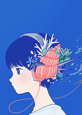 Seashell Headphones Anime Girl Illustration
