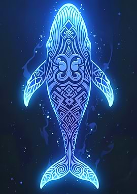 Glowing Blue Whale with Tribal Patterns