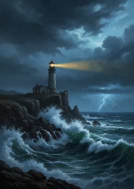 Lighthouse on Cliff During Storm