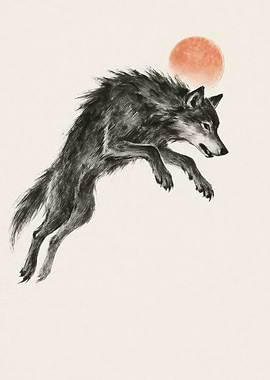 Leaping Wolf with Red Sun