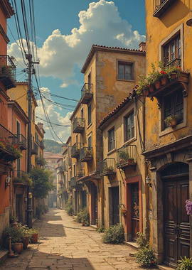 European street with yellow buildings