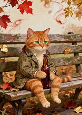 Anthropomorphic Cat with Beer on Bench