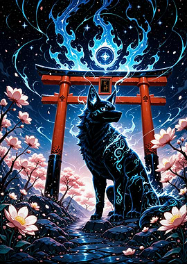 Ookami Wolf Guardian at Torii Gate Cherry Blossom Sakura Japan