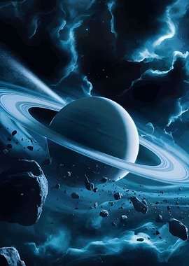 Blue Planet with Rings in Space