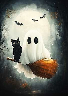 Halloween Ghost Cat Broomstick