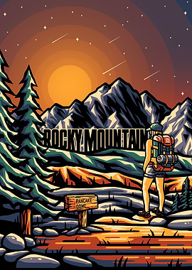 Rocky Mountain Hiker Landscape Illustration