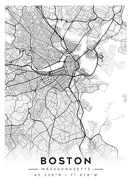 Boston Massachusetts City Map Black and White