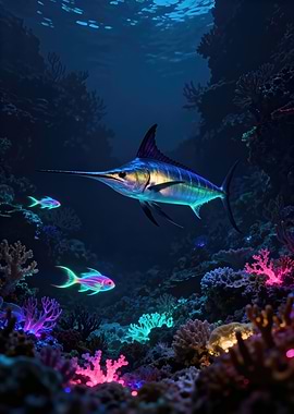 Neon Underwater Scene with Marlin