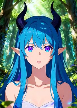 Anime Elf Girl with Horns in Forest