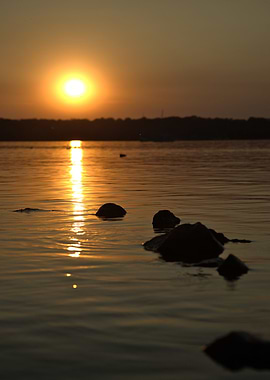Golden Sunset Over Water with Rocks