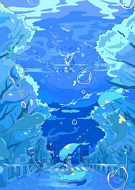 Underwater Cityscape with Whales and Figure