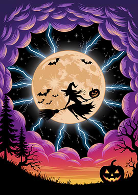 Halloween Witch Flying on Broomstick