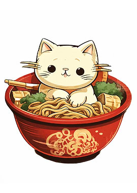 Cat in Ramen Bowl Illustration