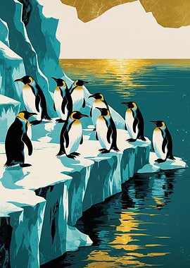 Arctic Sunset Penguins — Retro Travel Poster