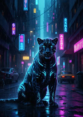 Cyberpunk Panther in Rainy Cityscape