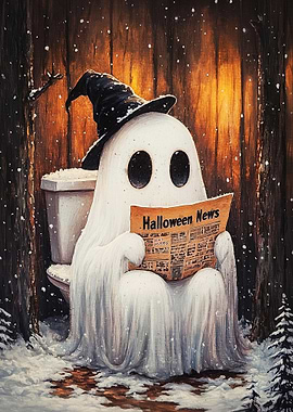 Ghost Reading Halloween News on Toilet