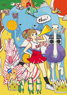 Cheerleader with Animals and Musical Notes