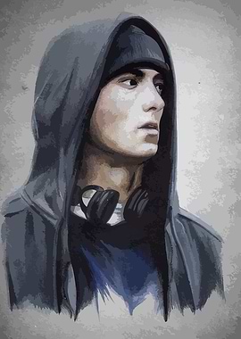 Eminem Portrait with Hoodie and Headphones