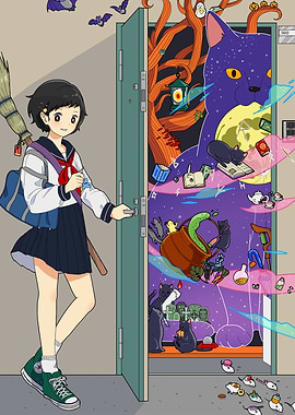 Anime Girl Opening Door to Fantasy World