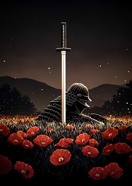 Samurai Warrior in Poppy Field with Katana