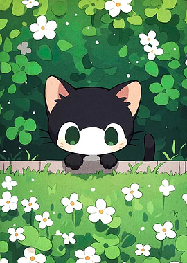 Cute Cat in Garden Illustration