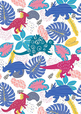 Colorful Dinosaur and Tropical Leaf Pattern
