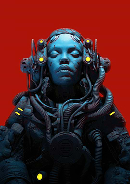 Cyberpunk Woman Portrait with Red Background