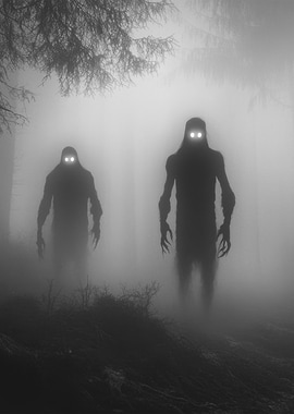 Eerie Figures in Foggy Forest