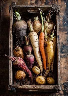 Wooden crate filled with root vegetables