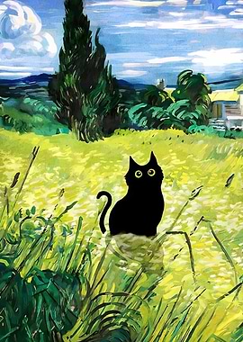 Black Cat in a Van Gogh Landscape