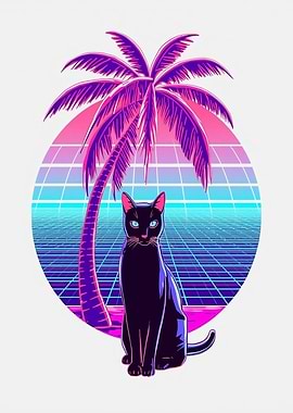 Neon Black Cat – Palm Tree Sunset Grid