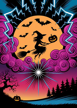 Halloween Witch Flying with Pumpkin