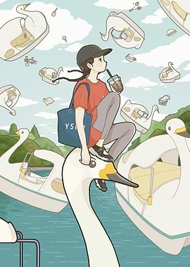 Girl on Swan Boat with Drink