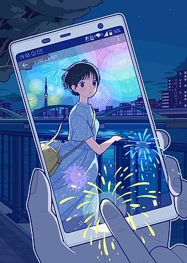 Anime Girl Fireworks Phone Screen