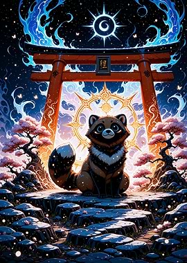 Tanuki under Torii Gate at Night Cherry Blossom Sakura Japan