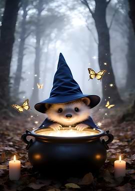 Hedgehog Wizard with Cauldron in Forest