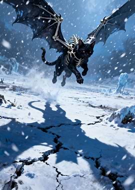 Winged Skeleton Cat in Snowy Landscape