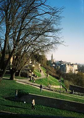 Belgrade cityscape with park and people