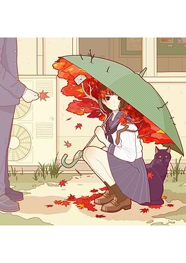 Autumn Leaves and Schoolgirl with Cat