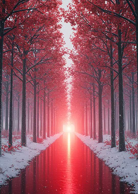 Red Forest Path in Winter