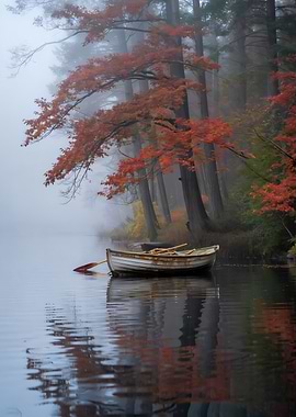 Autumn Lake Boat Scene