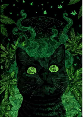 Black Cat with Green Eyes and Leaves