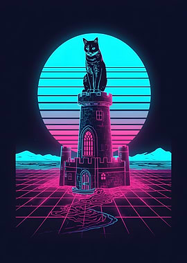 Retro Cat – Neon Castle Horizon