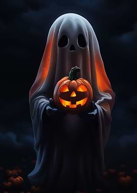 Halloween Ghost Holding Jack-o'-Lantern