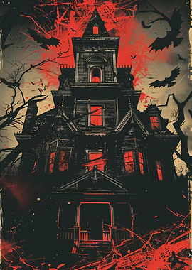 Haunted gothic mansion with glowing red windows
