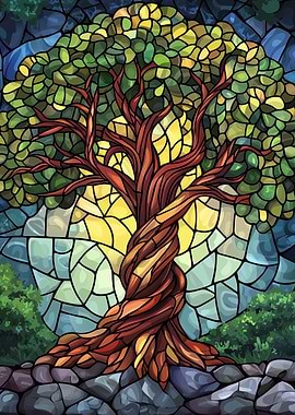 Stained Glass Style Tree Illustration