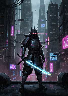 Cyberpunk Samurai in Rainy Cityscape