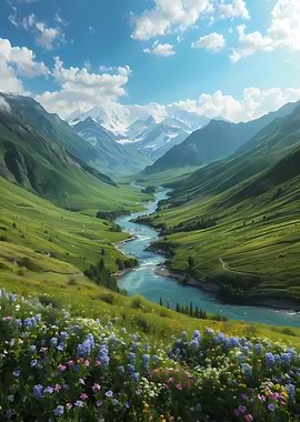 Majestic Mountain Valley with River and Wildflowers – Stunning Nature Landscape