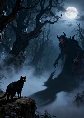 Black Cat and Demon in Moonlight